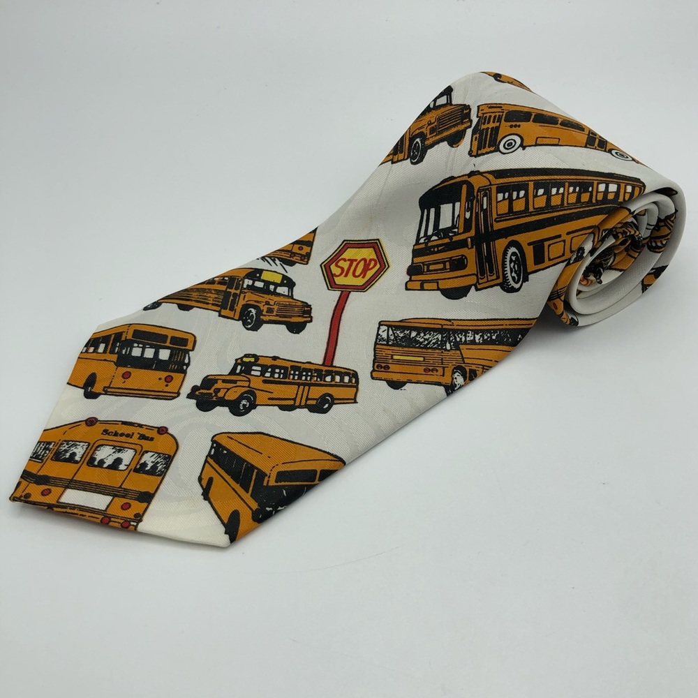 Florence White/Yellow Bus Print Silk Tie.